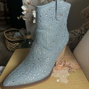 Very J Light Blue Crystal-Studded Ankle Booties